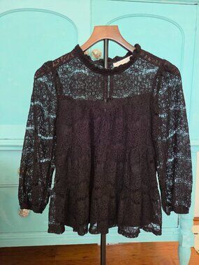 Monteau Los Angeles Size Medium Black Lace Three Quarter Sleeve Babydoll Blouse